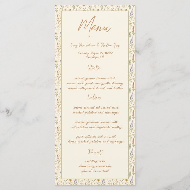 Menu Elegante Watercolor Wildflower WedMenu (Frente)
