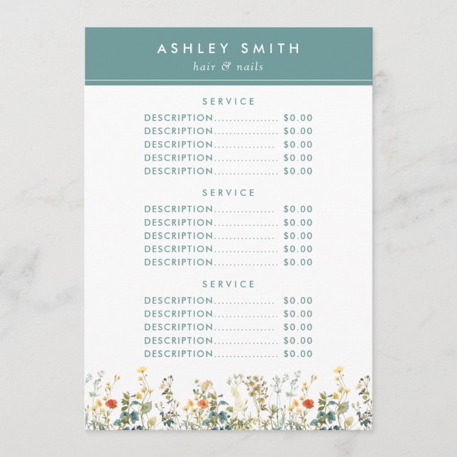 Menu Elegante Wildflower Field Price (Frente)