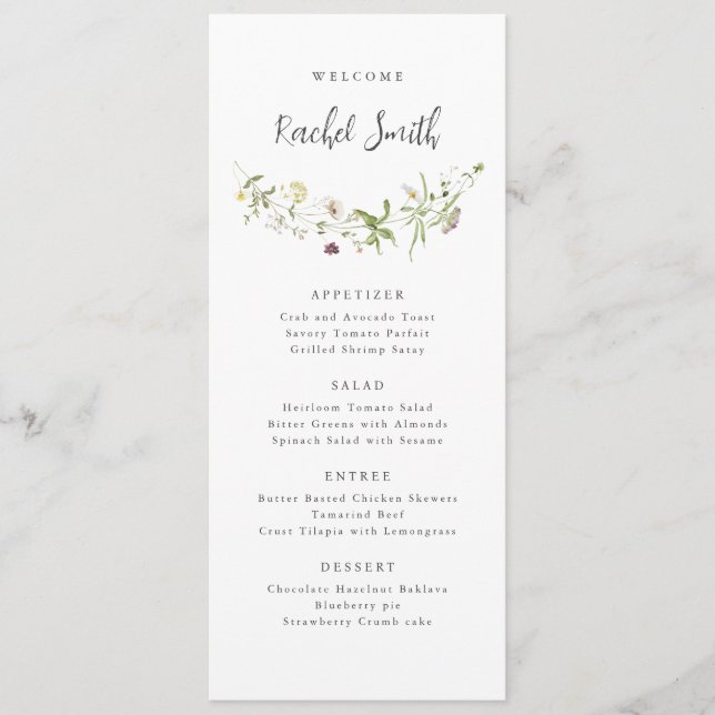 Menu Elegante Wildflower Rustic Boho Nome do Convidado (Frente)