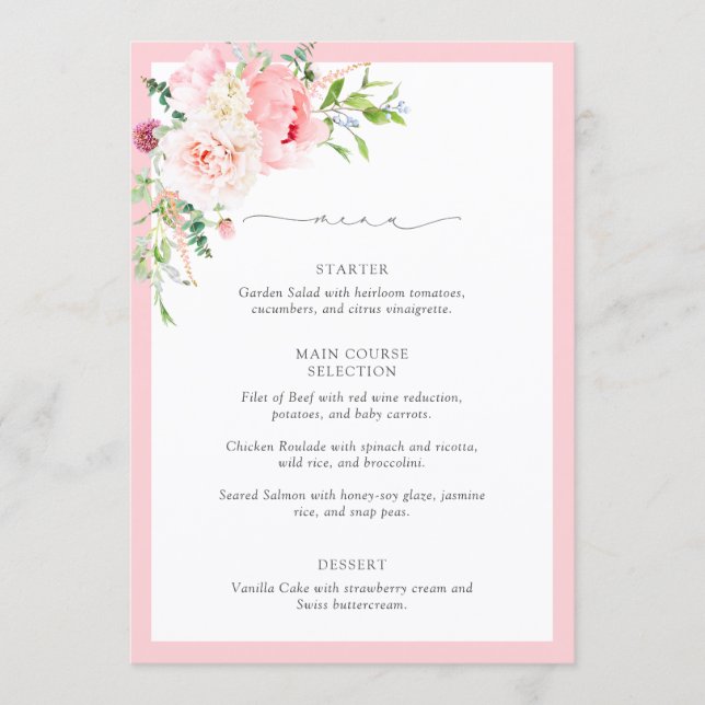 Menu Elegantes Flores de Aquarela Rosa Chá de Noiva (Frente)