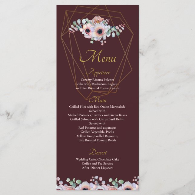 Menu Elegantes Molduras Geométricas Florais de Anêmona  (Frente)