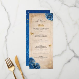Menu Elegantes Rosas Água-Fortes Douradas e Azuis Flora