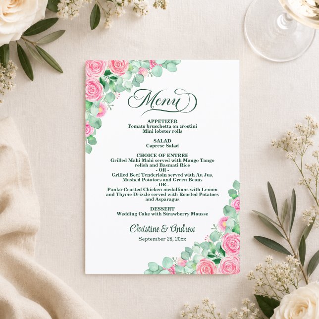 Menu Elegantes Rosas Cor-de-Rosa Eucalipto Casamento   (Criador carregado)