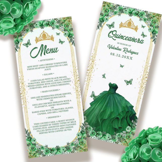 Menu Emerald Green Dourada Glitter Floral Quinceanera (Emerald Green Gold Glitter Floral Quinceanera Menu)