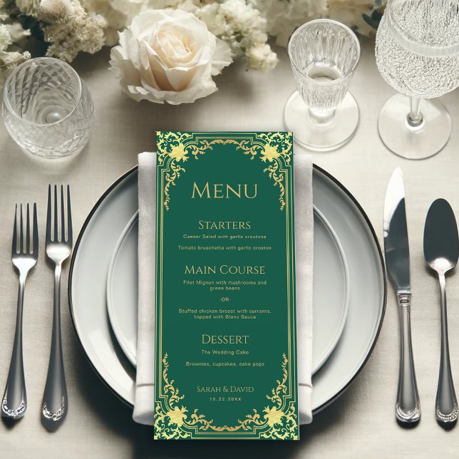 Menu  Emerald Green Faux Gold Elegant Vintage Wedding  (Criador carregado)