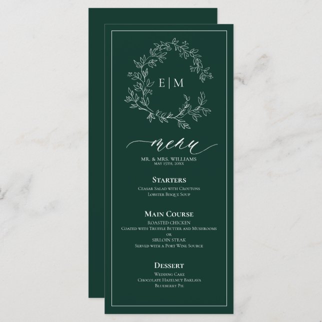 Menu Emerald Green Leafy Crest Monograma (Frente/Verso)