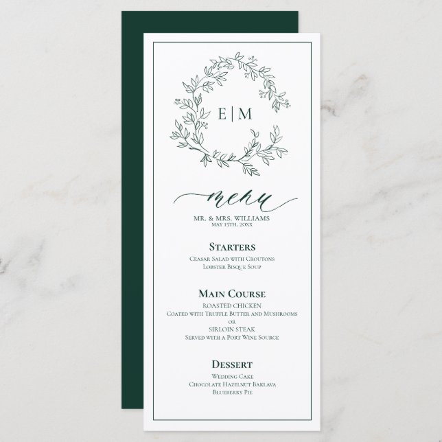 Menu Emerald Green Leafy Crest Monograma (Frente/Verso)