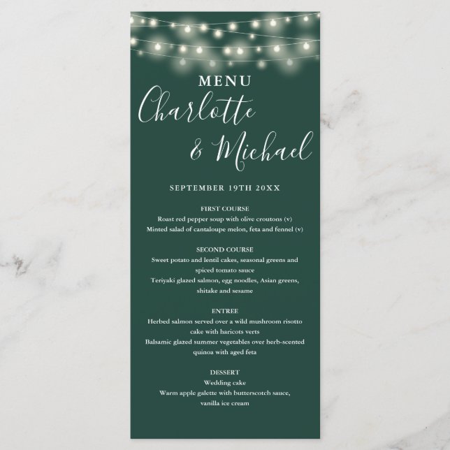Menu Emerald Green String Lights Signature WedMenu (Frente)