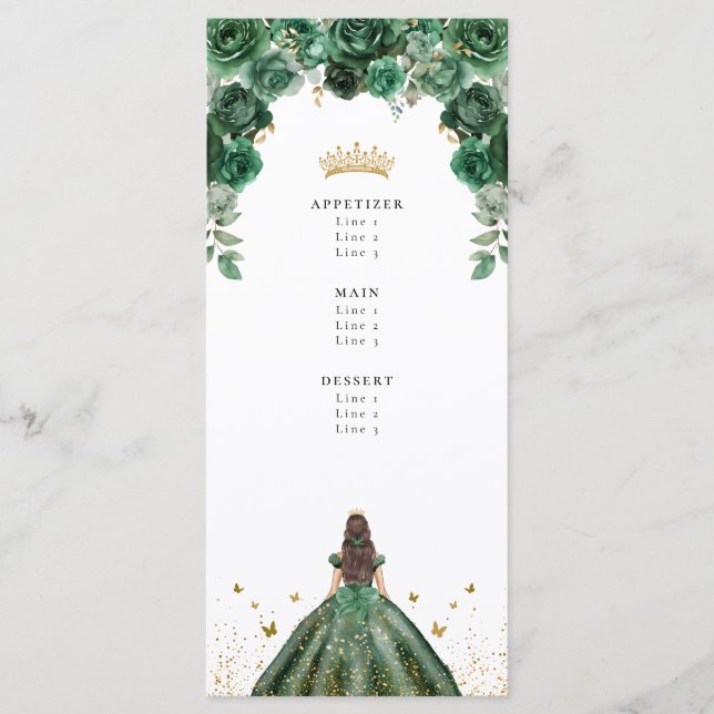 Menu Emerald Quinceañera Floral Falso Folheado (Frente)