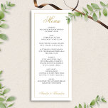 Menu Escrita Elegante Formal Casamento Preto e Dourado<br><div class="desc">Apresentando nosso Menu Formal Elegante de Casamento Negro e Dourado, uma sofisticada adição à sua recepção de casamento. Este menu apresenta um fundo branco nítido com texto preto refinado e acentos de script em ouro luxuoso, criando um eterno e uma apresentação elegante das suas seleções de jantar. Perfeito para casamentos...</div>