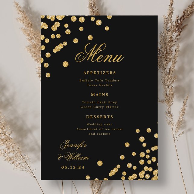 Menu Escrito Elegante Casamento Romântico Confetti Dour (Elegant Script Romantic Wedding Confetti Gold Blac Menu)