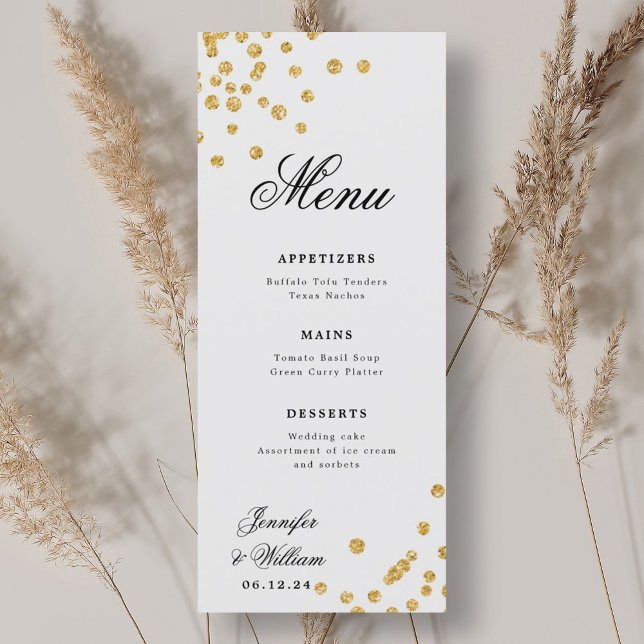Menu Escrito Elegante Casamento Romântico Confetti Dour (Elegant Script Romantic Wedding Confetti Gold Menu)