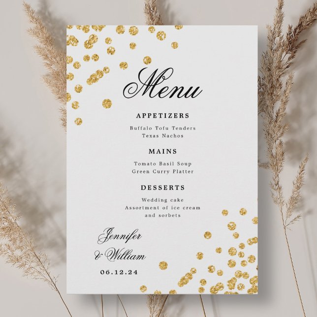 Menu Escrito Elegante Casamento Romântico Confetti Dour (Elegant Script Romantic Wedding Confetti Gold Menu)