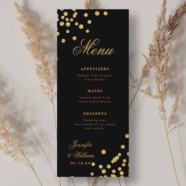 Menu Escrito Elegante Casamento Romântico Confetti Dour (Elegant Script Romantic Wedding Confetti Gold Blac Menu)