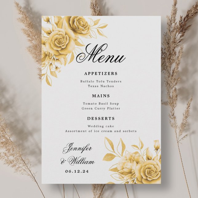 Menu Escrito Elegante Dourado Floral Romântico Casament (Elegant Script Romantic Wedding Gold Floral Menu)