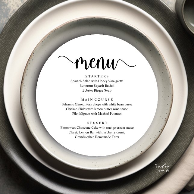 Menu Escrito Rústico Moderno, Jantar de Casamento às Pr (Modern Rustic Script, Wedding Elopement Dinner Menu in Black and White)