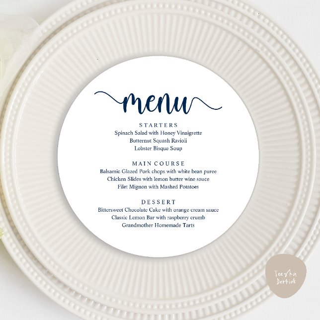 Menu Escrito Rústico Moderno, Jantar de Casamento às Pr (Modern Rustic, Wedding Elopement Round Dinner Menu Card in Navy Blue)