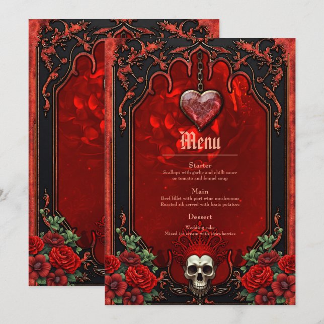 Menu Escuridão real, coração gótico e crânio. (Frente/Verso)