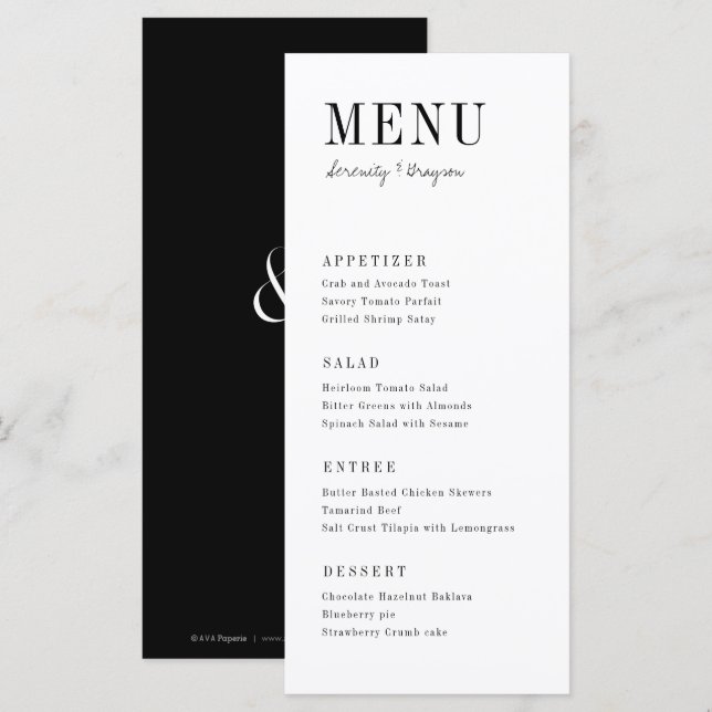 Menu Escuro e branco minimalista da tipografia moderna (Frente/Verso)
