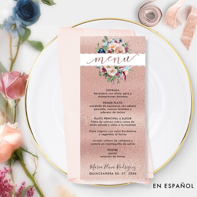 Menu Espanhol, Rosa, Pastel Floral Quinceañera (Criador carregado)