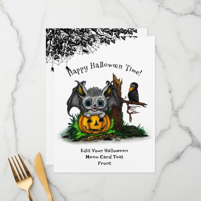 Menu Esperando o Halloween, Cute Bat e Raven (Frente/Verso In Situ)