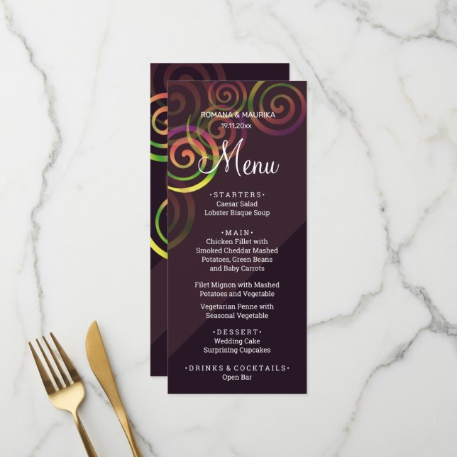 Menu Espirales de Arco-Íris Chic com Roxo Fundo (Frente/Verso In Situ)