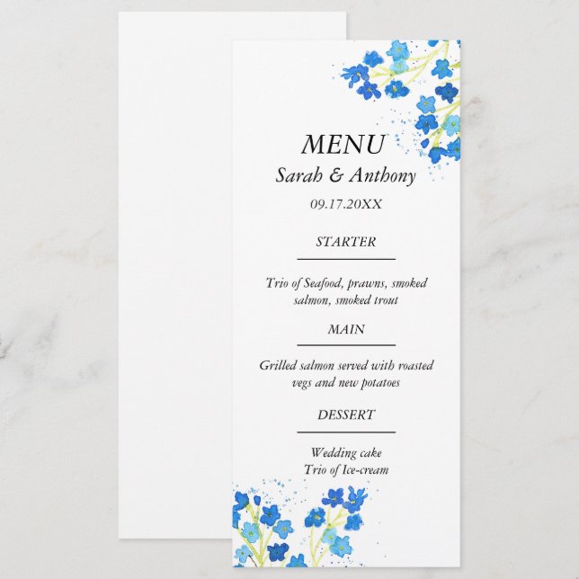 Menu Esquece-me que não é Comida de Casamento Blue Flor (Frente/Verso)
