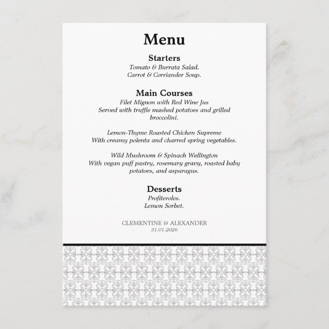 Menu Estilo Art Deco Preto e Branco Elegante (Frente)