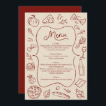 Menu Estilo Italiano Desenho Mão Vermelho e Creme<br><div class="desc">Melhore sua recepção de casamento com este cartão de menu ilustrado vermelho e creme rústico. Com ícones de comida desenhados à mão e um design clássico, esta placa de menu personalizável adiciona um toque encantador ao seu dia especial. Perfeito para mostrar seu cardápio cuidadosamente curado, este cartão é elegante e...</div>