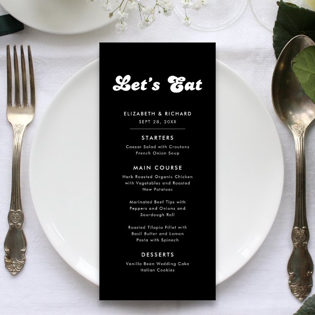 Menu Estilo Retro Preto e Branco Vamos Comer Casamento (Stylish retro black and white wedding menu adds charm while guiding guests to dine elegantly)