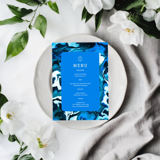 Menu Estrela Azul de Davi em Mármore Personalizado para (Blue Marble Star of David Custom Bar Bat Mitzvah Jewish Wedding Event  Menu
)