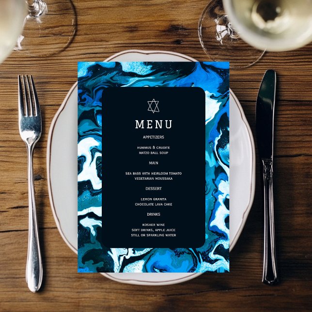 Menu Estrela Azul de Davi Marble Personalizada Bar Bat  (Blue Marble Star of David Custom Bar Bat Mitzvah Menu
)