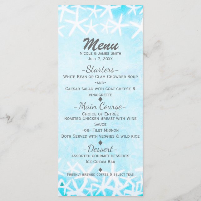 Menu Estrela-do-Mar Pintada Azul Água Tropical Casament (Frente)