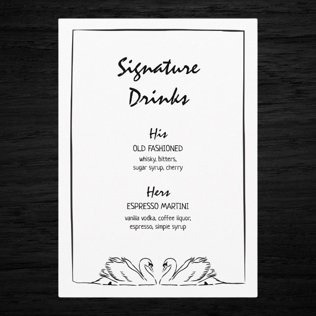 Menu Eterno Desenho Da Mão O Desenho Da Assinatura Do C (Stylish wedding signature drinks menu featuring "His" and "Hers" cocktails with elegant swan design.)