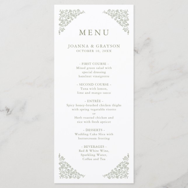 Menu Eterno Floral Simples Sage Casamento Verde (Frente)