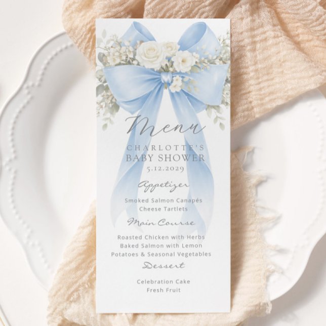 Menu Eucalyptus Blue Bow Elegant Baby Shower (Criador carregado)