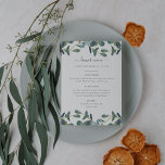 Menu Eucalyptus Crest | Casamento por Aquarela de Folha<br><div class="desc">Este menu de casamento simples e moderno apresenta as folhas verdes de cor aquática de eucalipto em um fundo branco limpo com um roteiro manuscrito moderno.</div>