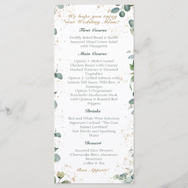 Menu Eucalyptus Dourado Glitter - Casamento Verde (Frente)