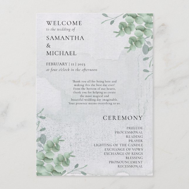 Menu Eucalyptus floral minimal modern program wedding (Frente)