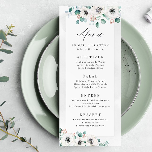 Menu Eucalyptus Greenery anemone casamento floral com r (Eucalyptus Greenery anemone floral rustic wedding Menu)