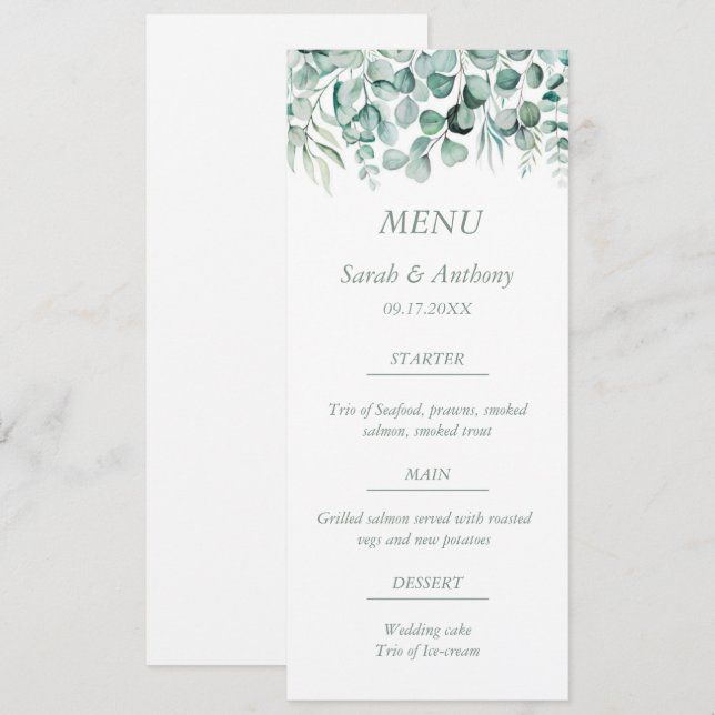 Menu Eucalyptus Greenery Foliage Comida de Casamento Ru (Frente/Verso)