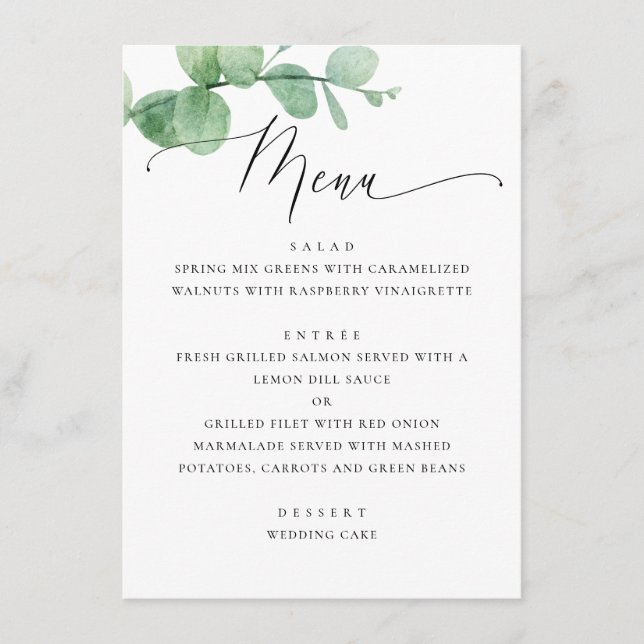 Menu Eucalyptus Greenery Garden Wedding. Elegant Script (Frente)