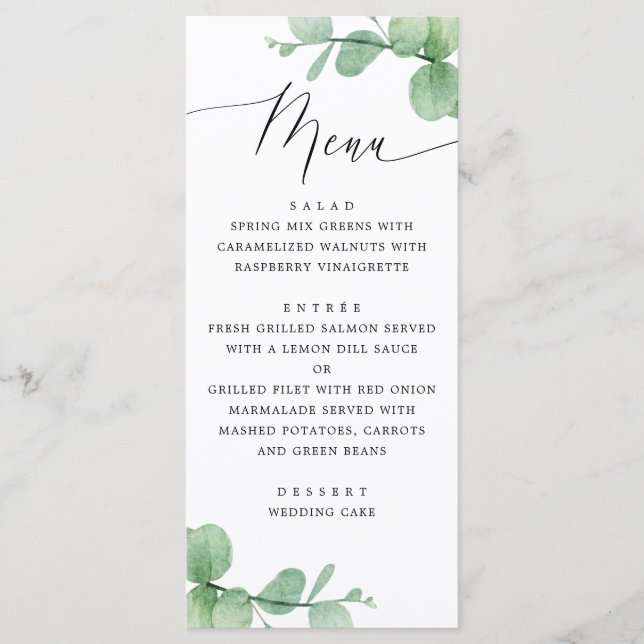 Menu Eucalyptus Leaves Wedding | Watercolor Botanical (Frente)