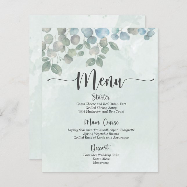 Menu Eucalyptus sage green watercolor (Frente/Verso)