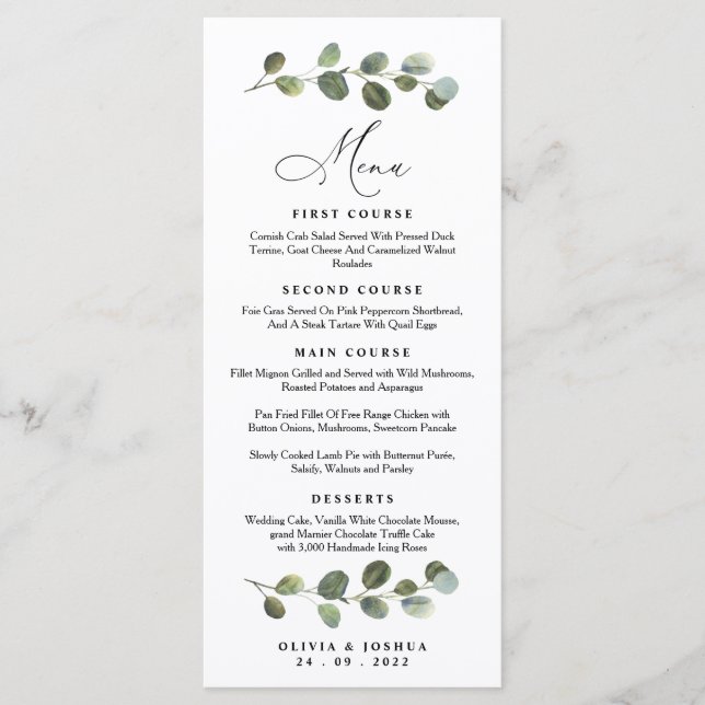 Menu Eucalyptus Wedding Menu, Greenery Wedding (Frente)