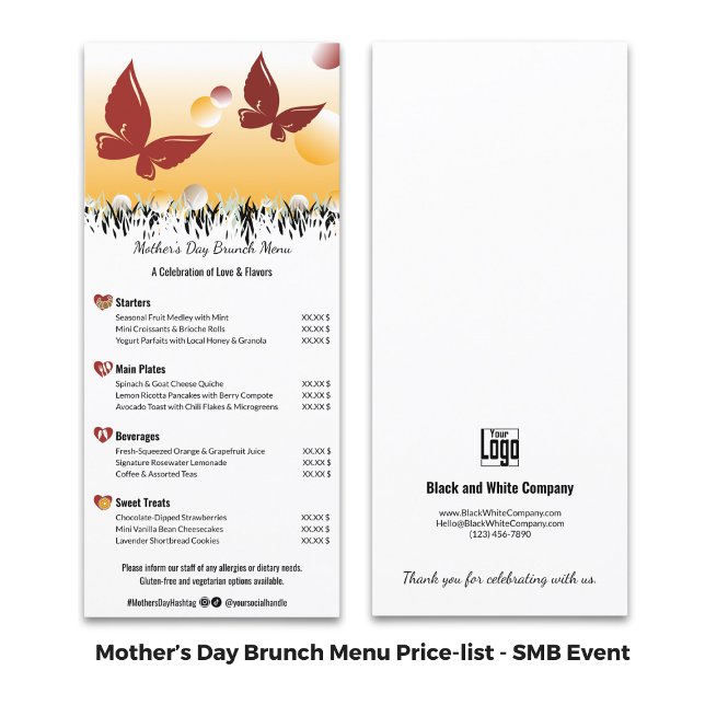 Menu Evento para Pequenas Empresas Pricelist Brunch do  (Small Business Event Mother's Day Brunch Pricelist Menu - Black and White)