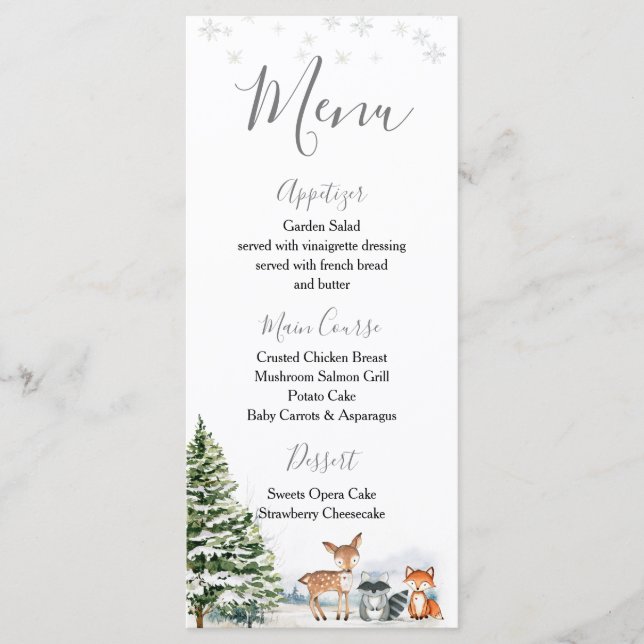 Menu Evergreen Animal Winter Onederland Birthday (Frente)