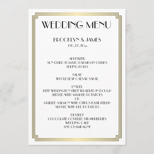 Menu Excelente Gatsby Art Deco White Dourado Casamento  (Frente)