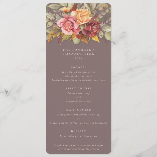 Menu Fall Florals Ação de Graças Flat 4 Curso (Frente)