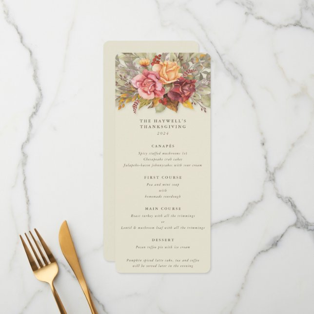 Menu Fall Florals Ação de Graças Flat 4 Curso (Frente/Verso In Situ)